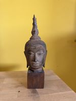 Buddha Kopf Figur Bronze Holz Sockel Vintage Antiquität Deko