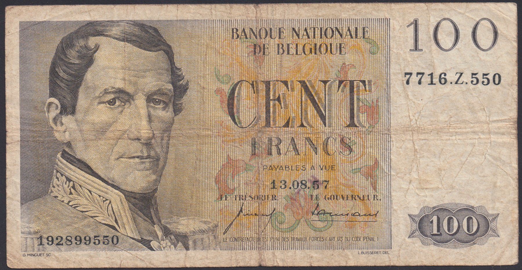 Banknoten: Belgien 100 Francs 1957 – Gebraucht aus Brugg AG von banknoten_muesli