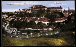 Glitzer-AK Bautzen, Ortsansicht mit Flus