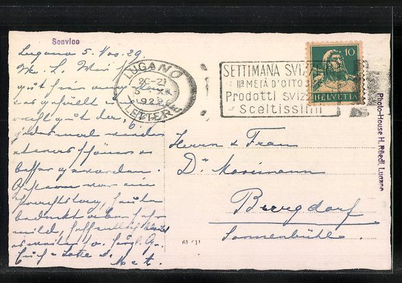 Cartoline postali: AK Sonvico, Panoramaansicht, 1929 – Usato da Berlin venduto da bartko-reher 1