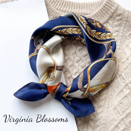 New 53cm 100% Silk Scarf, Chain Print Blue White Silk Scarf