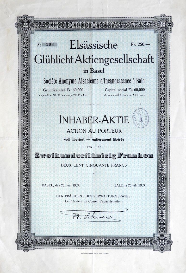 Documenti: Elsässische Glühlicht AG, Basel - 1909 – Usato da Solothurn venduto da Sgasche