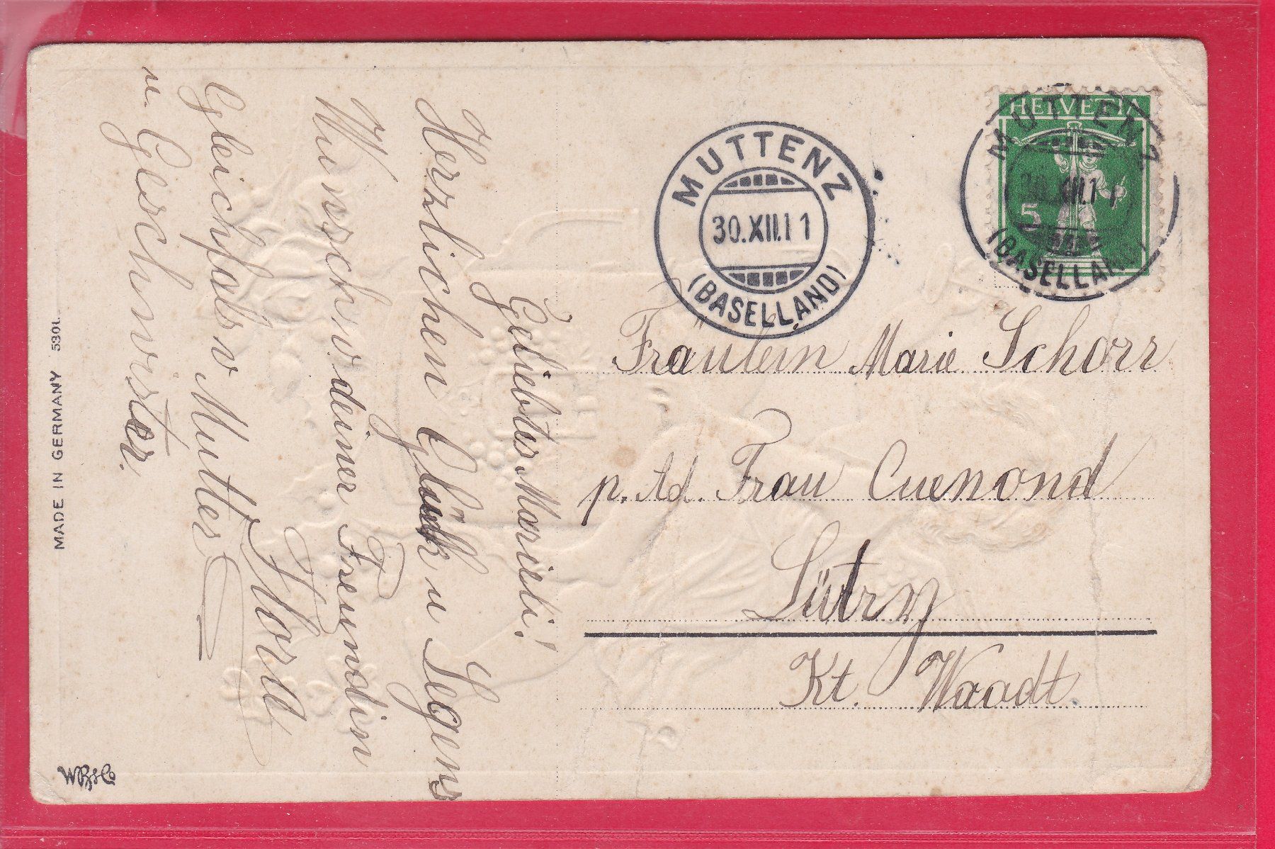 Cartoline postali: PRÄGEKARTE, PROSIT NEUJAHR, 30.12.1911 – Usato da Oberrieden venduto da Gebirgsstelze 1