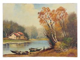 Peinture paysage lacustre à l'huile sur toile