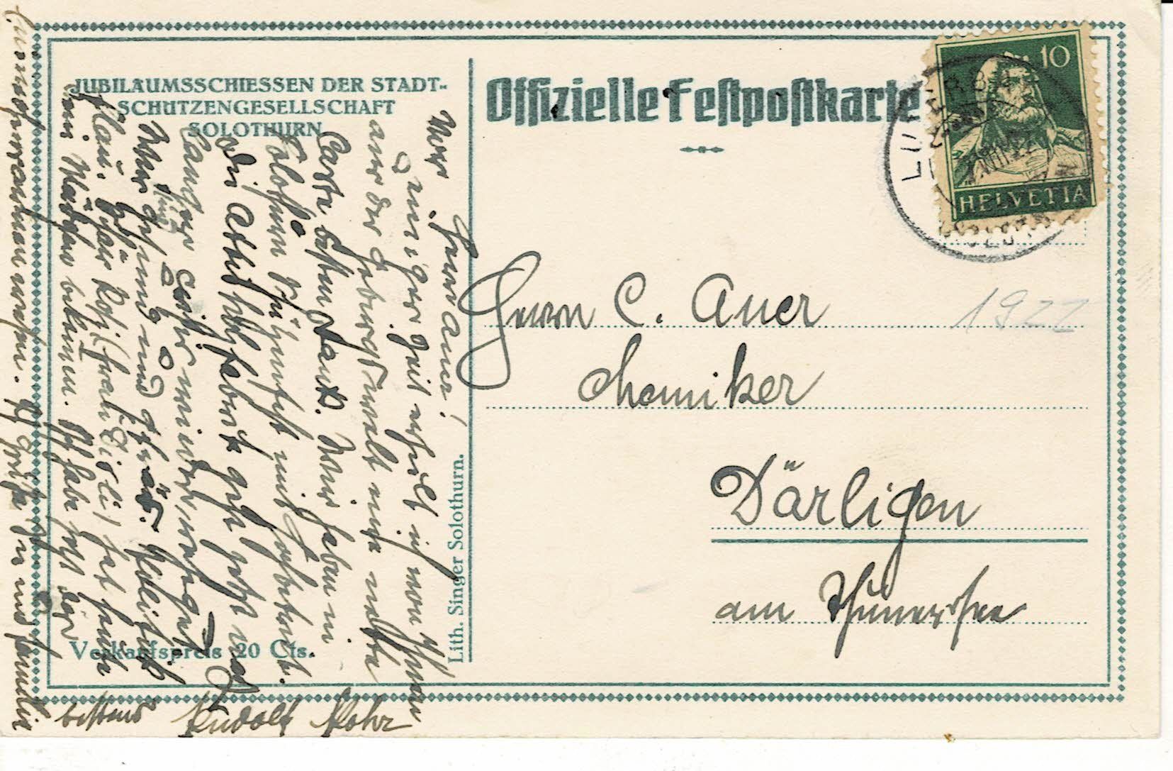 Ansichtskarten: Jubiläumsschiessen Stadtschützengesellschaft SOLOTHURN 1922! – Gebraucht aus Hergiswil NW von Kartenfrau 1
