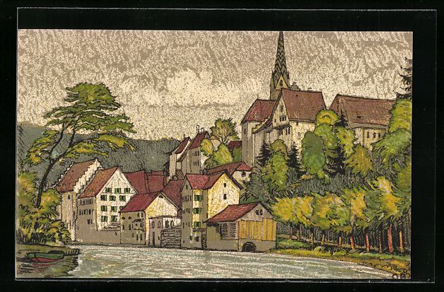 Cartoline postali: Künstler-AK Baden, An der Limmat – Usato da Berlin venduto da bartko-reher