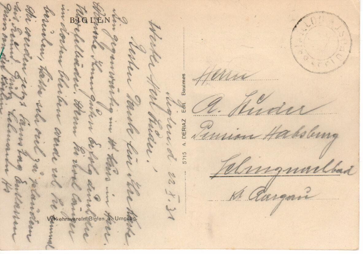 Ansichtskarten: Biglen  1931 – Gebraucht aus Wolhusen von Curver9 1