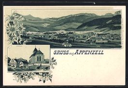 Litho Appenzell, Partie mit Kirche und B