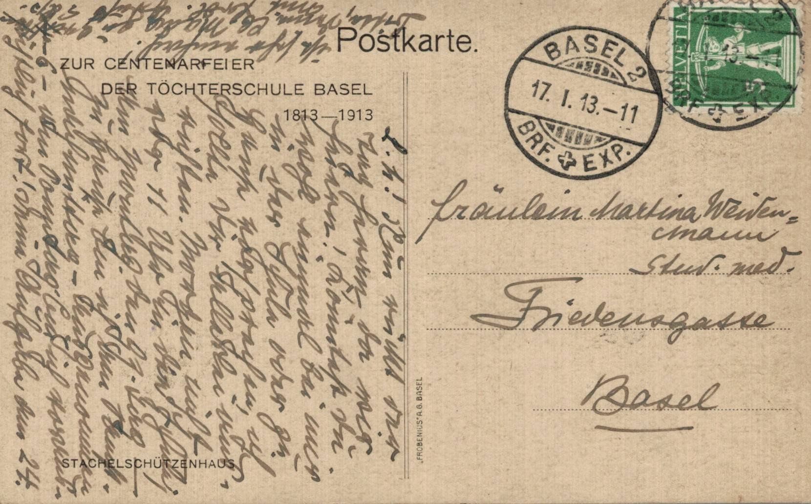 Ansichtskarten: Basel Töchterschule - Centenarfeier von 1913 – Gebraucht aus Luzern von Kartenansicht 1