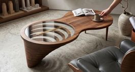 Designer Couchtisch Holz Nussbaum mit Glaseinsatz, modern