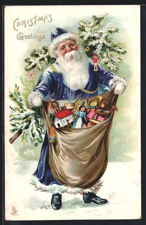 Weihnachtsmann im blauen Mantel öffnet 