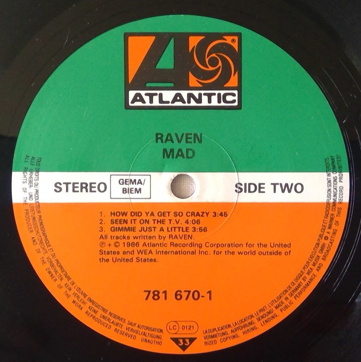 Schallplatten: Raven - Mad - LP - 1986 - First Press - Atlantic Records – Gebraucht aus Uster von Zardodel 5