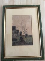 Antikes Aquarell – ländliche Landschaft mit Bauernhaus –