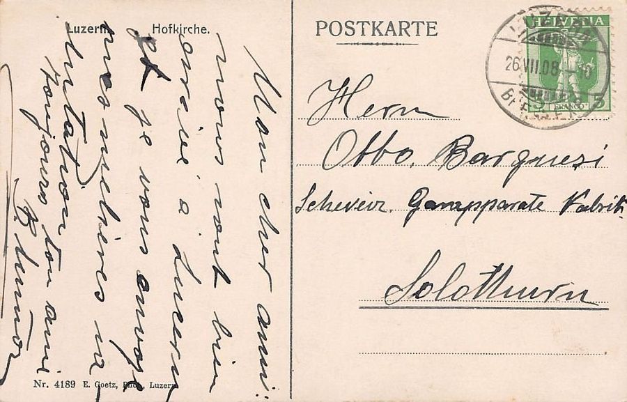 Cartoline postali: Luzern, Hofkirche, gelaufen 1908 – Usato da Frauenfeld venduto da POML 1