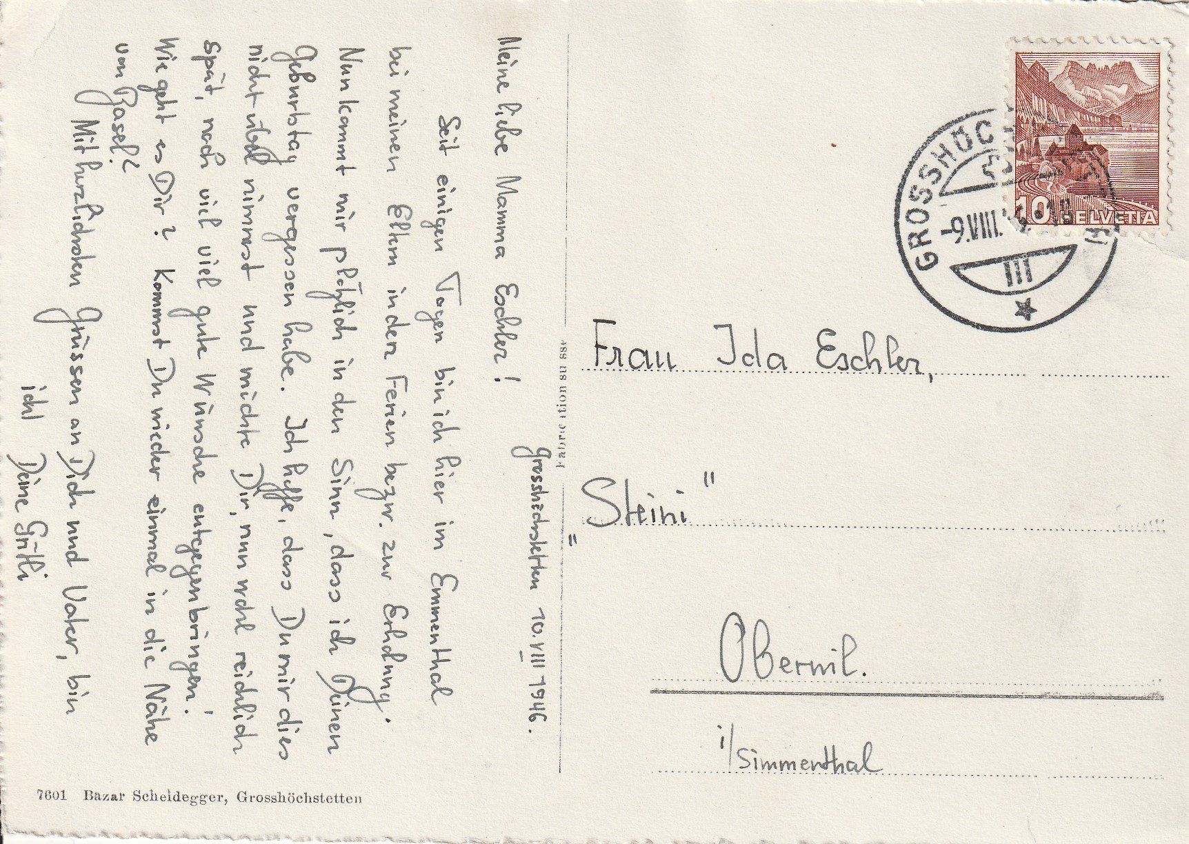 Ansichtskarten: AK - Grosshöchstätten - gel. 9.8.1946 – Gebraucht aus Fribourg von schnalla92 1