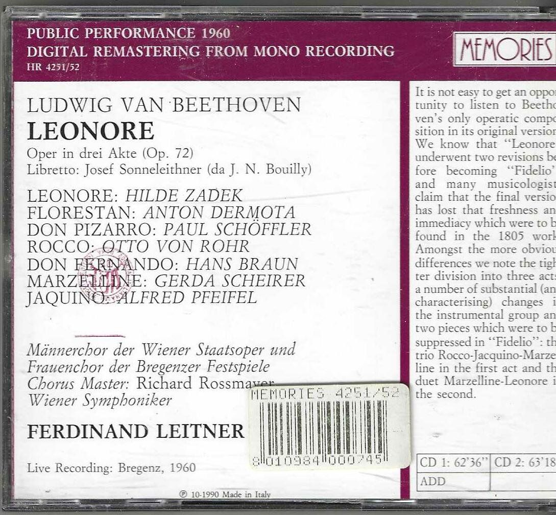 CDs: Beethoven/Ferdinand Leitner/Hilde Zadek - leonore - 2 X CD – Gebraucht aus Genève von CDLPBookS 1