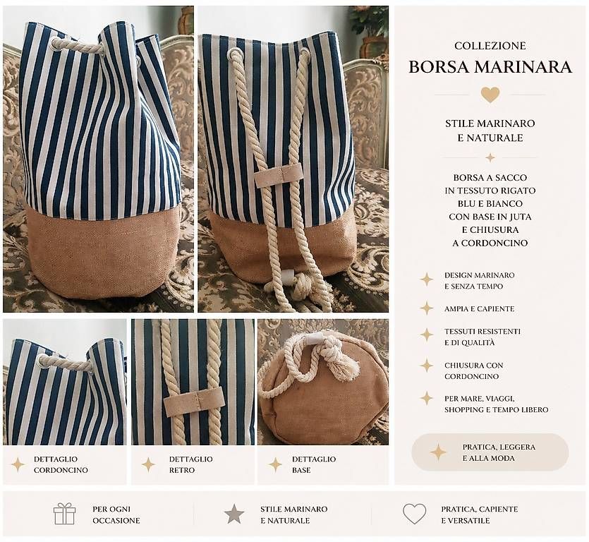 Zaini: Borsa a sacco marina in juta e cotone – Nuovo e nell'imballaggio originale da Lugano venduto da solowolford
