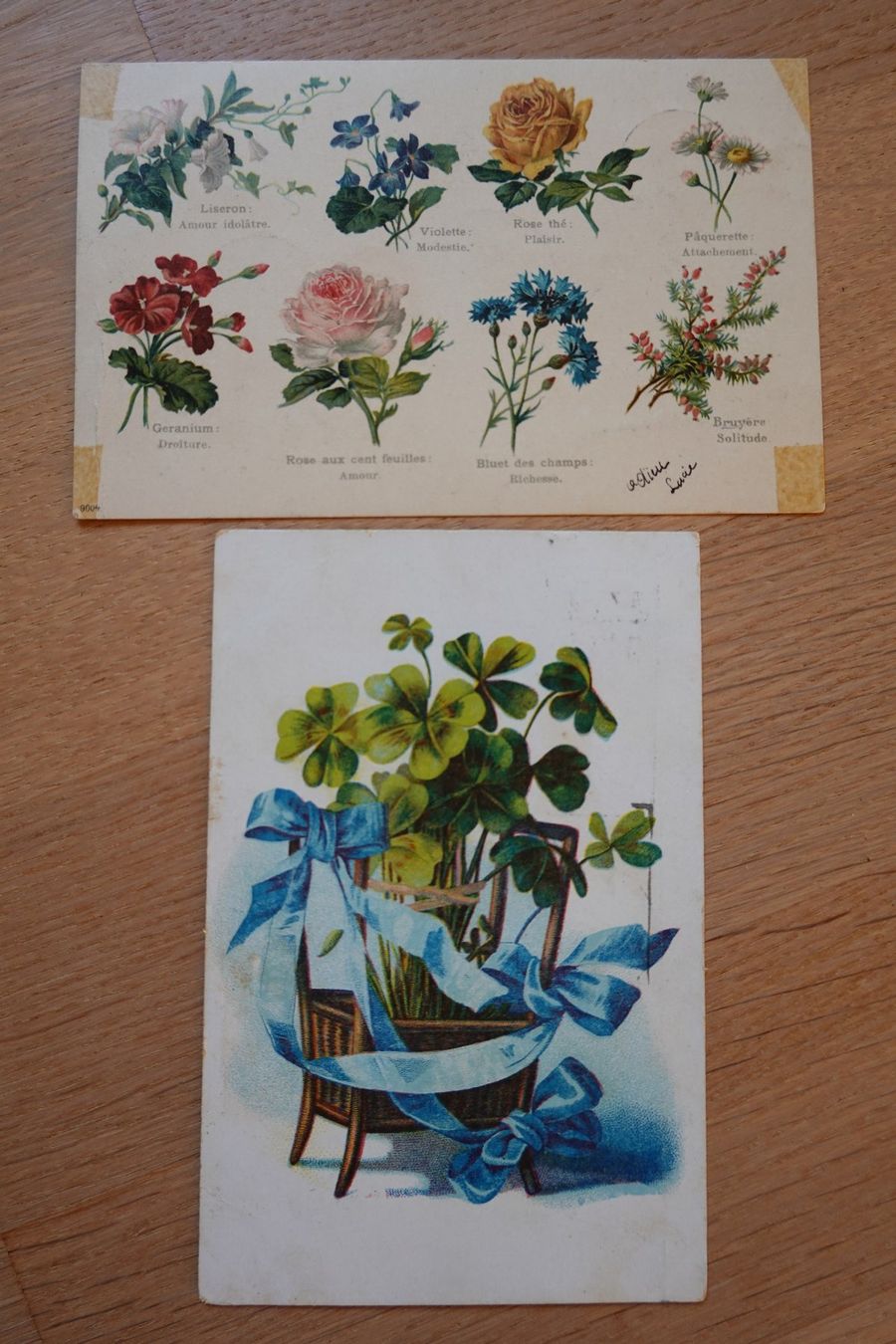 Ansichtskarten: 2 Ansichtskarten Blumenmotive Blumensprache Glücksklee – Gebraucht aus Jona von simongarden 5