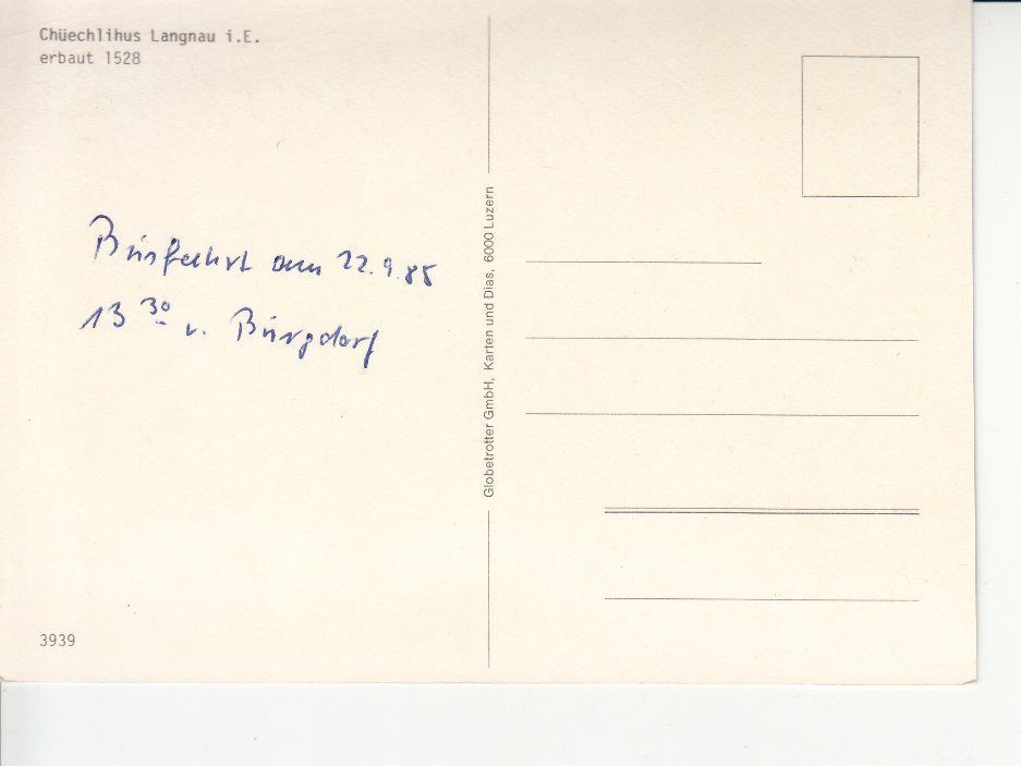 Cartoline postali: Langnau Chüechlihus 1985 – Usato da Bürglen TG venduto da StampGraf 1