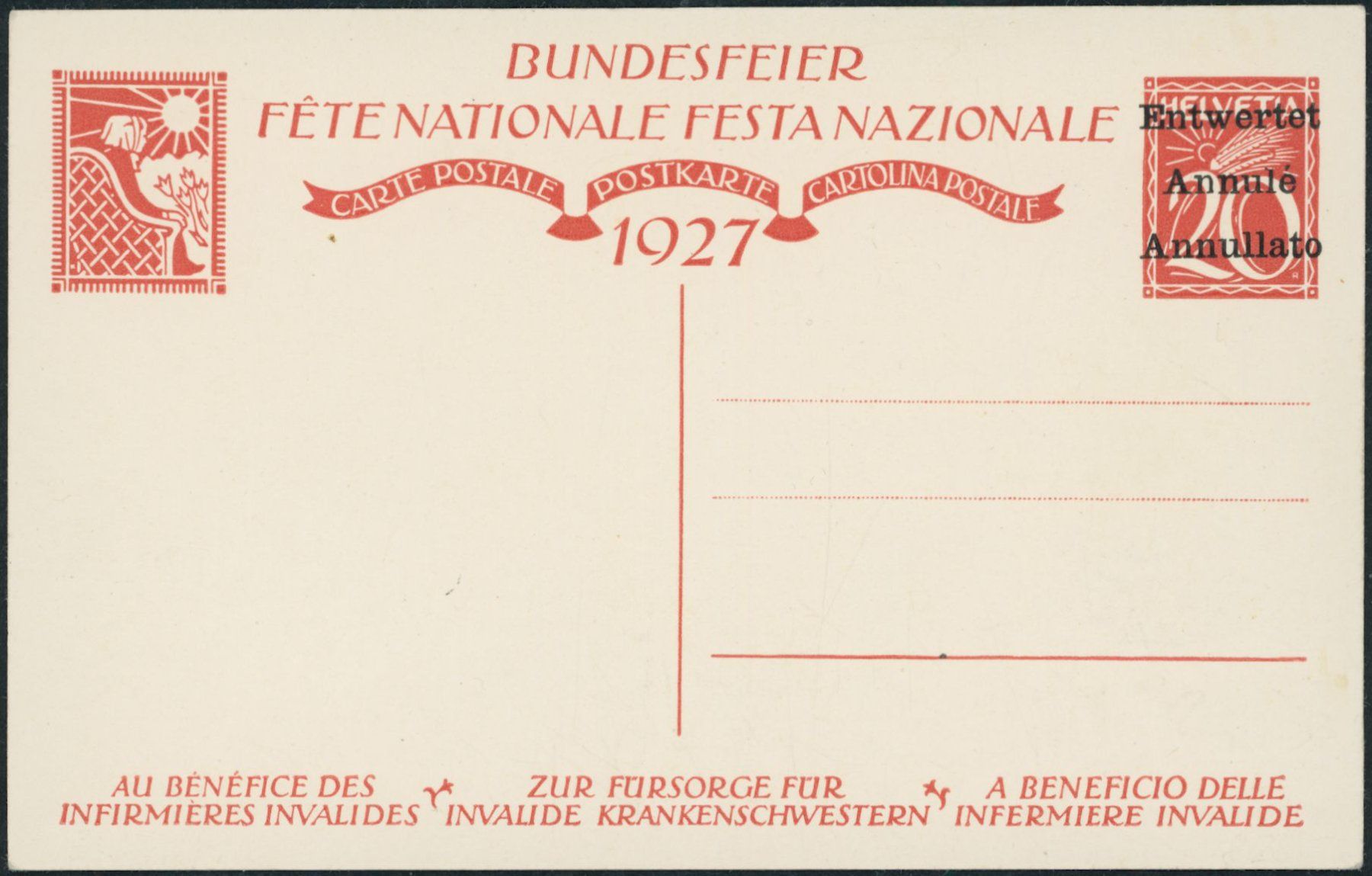 Tutti i francobolli: 1927 - Pro Patria - Bundesfeierkarten • Entwertet – Usato da Schindellegi venduto da leecollect