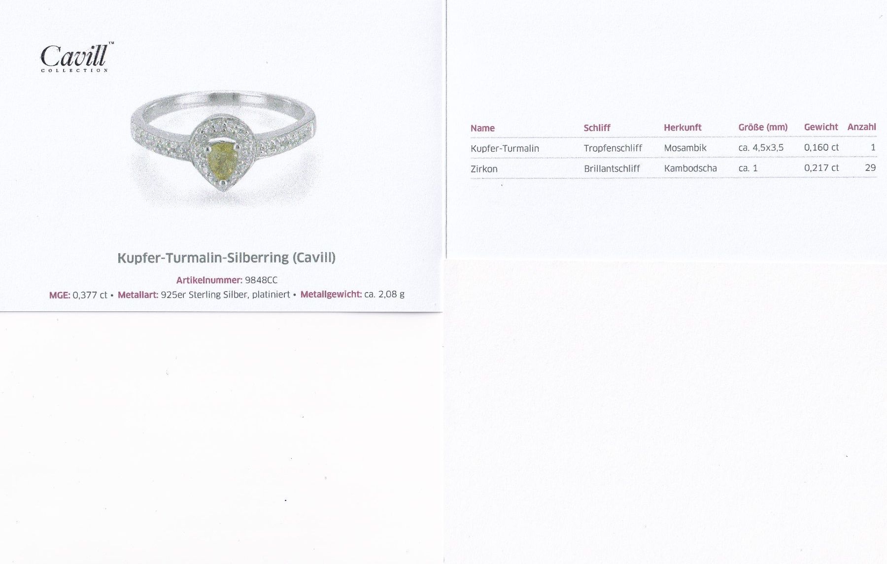 Anelli: Echtschmuck: Silberring Kupfer-Turmalin, platiniert 53/17 – Nuovo (secondo la descrizione) da Zuchwil venduto da maumauchi 1