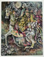 J. Samson aquarelle cavalière et cheval gris ornementé