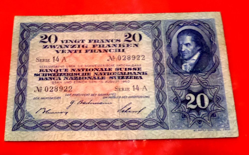 ALTE SCHWEIZER 20 Fr NOTE Pestalozzi 15. 8. 1940 SERIE 14 A (Gebraucht ...