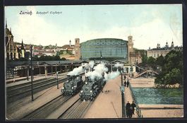 AK Zürich, Bahnhof mit Zügen, 1908