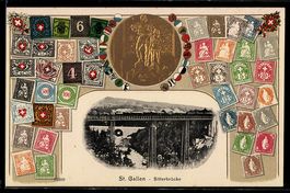 Passepartout-AK St. Gallen, Sitterbrücke und Briefmarken