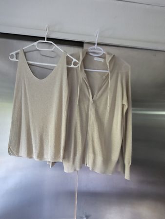 attraktiver  zweiteiler hellbeige mit lurexgold gr38 viskose