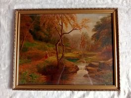 Alter Druck im verziertem Gold-Holz-Rahmen Herbstlandschaft
