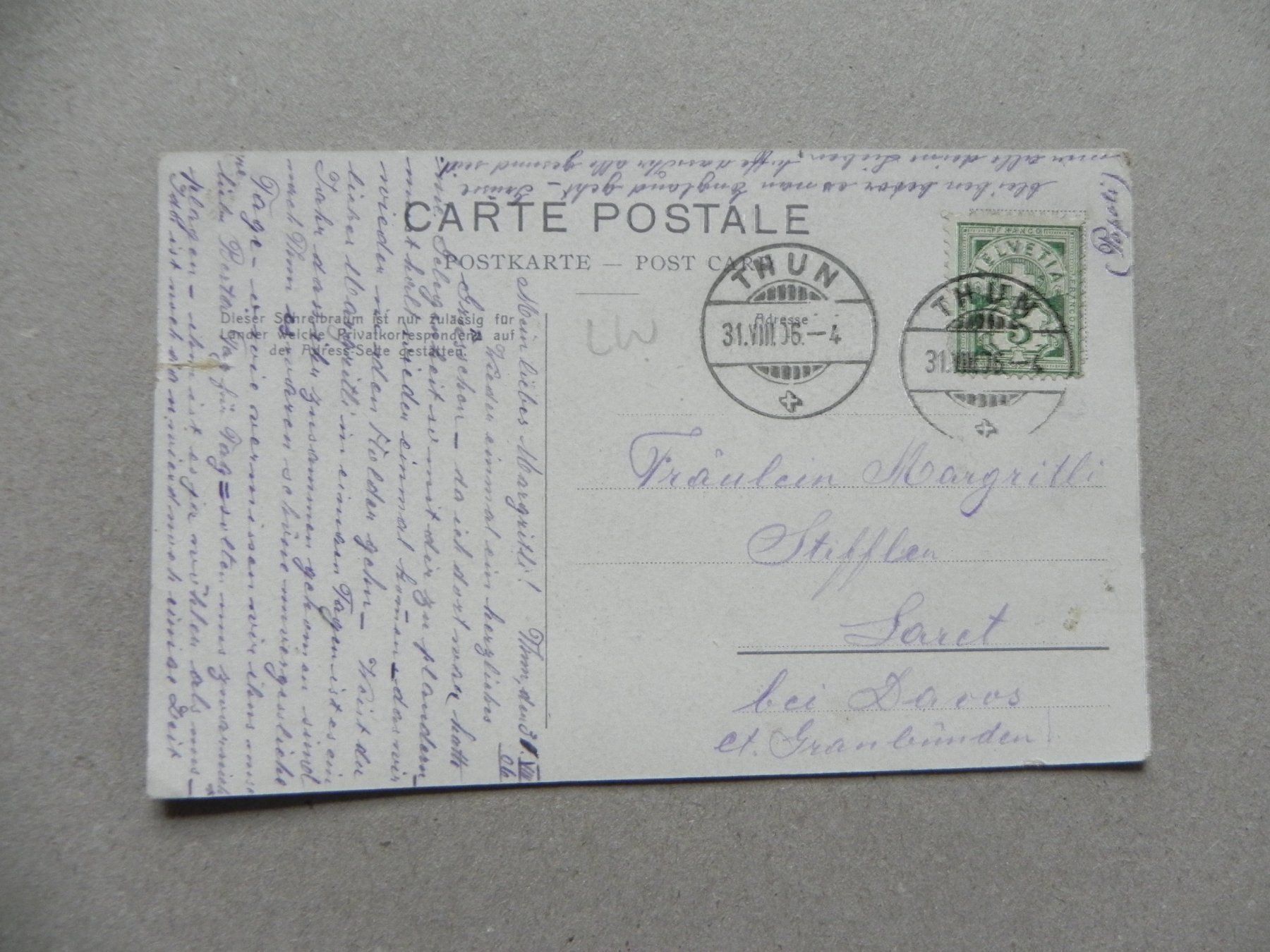 Ansichtskarten: Karte Thun BE Bern 1906 – Gebraucht aus Siebnen von krimsie 1