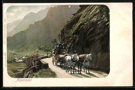 Alpenpost, fünf Pferde ziehen Postkutsc