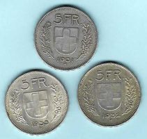 1931,1932+1933 Lot 3x 5 Franken Silber, ss-vorz. (15878)