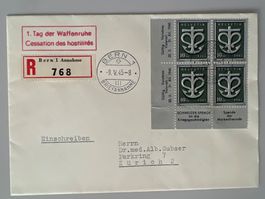 1945 1. Tag der Waffenruhe W19 im 4erBlock Einges. Brief