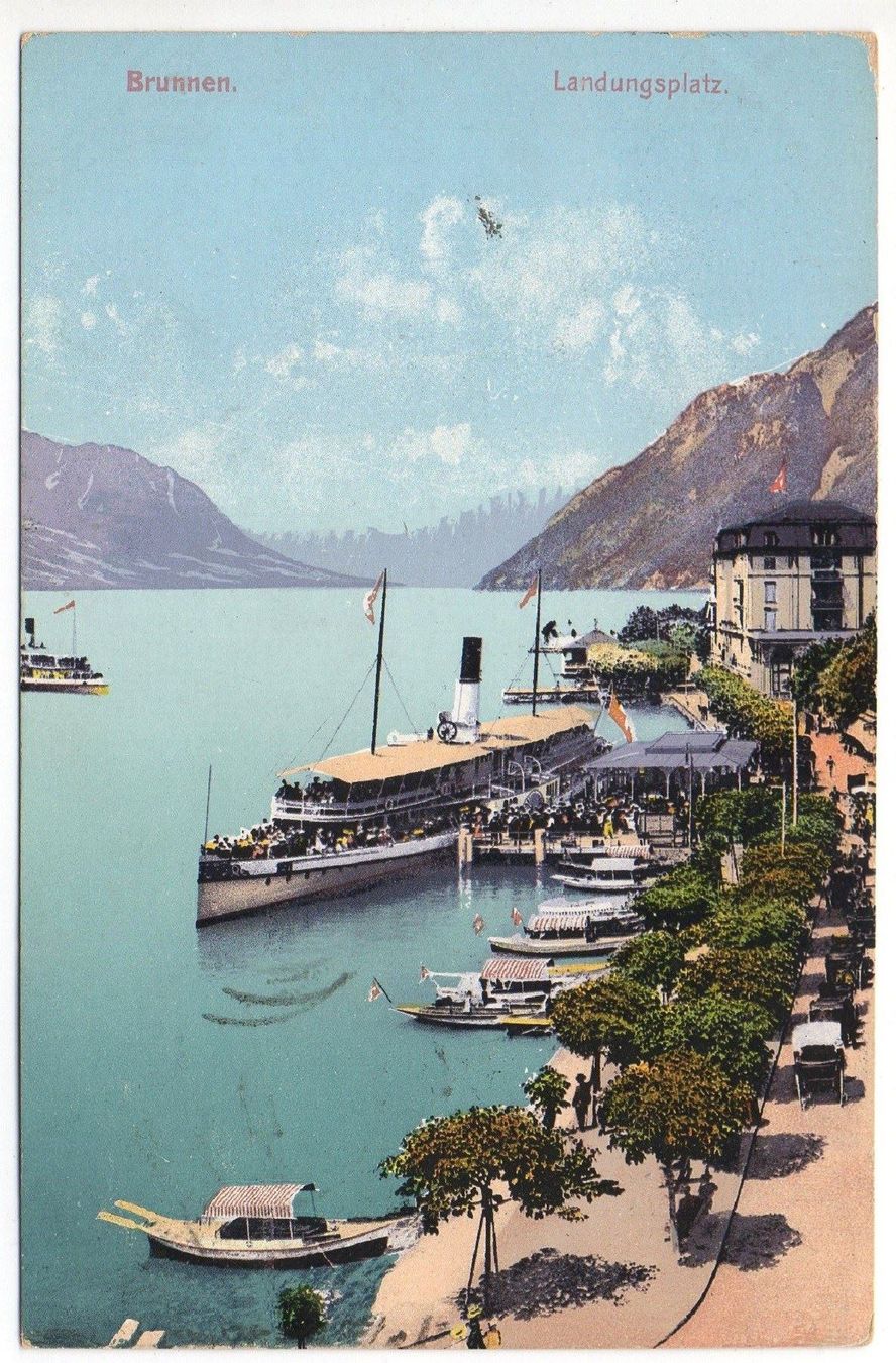 Cartoline postali: BRUNNEN Landungsplatz, Dampfschiff belebt – Usato da Jona venduto da philajona