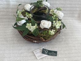 Dekorativer Kranz mit Kerzenglas Weide weiss ovale 18cm