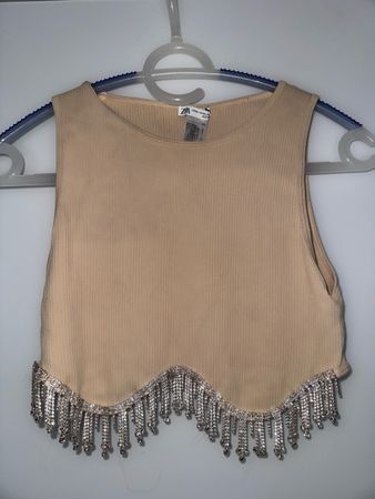 Zara Top mit Fransen, Beige, Grösse M/L