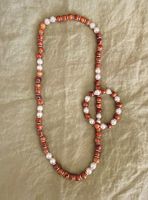 Parure collier et bracelet en perles + bois d’olivier - NEUF