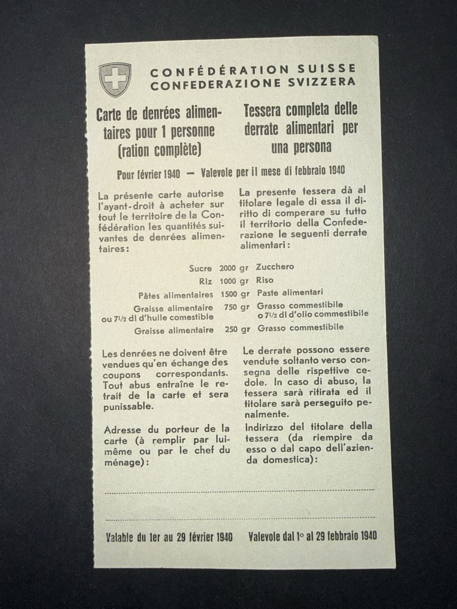 Altre raccolte & rarità: Rationierungskarte Lebensmittel 1940 – Usato da Grenchen venduto da Bastet007 1