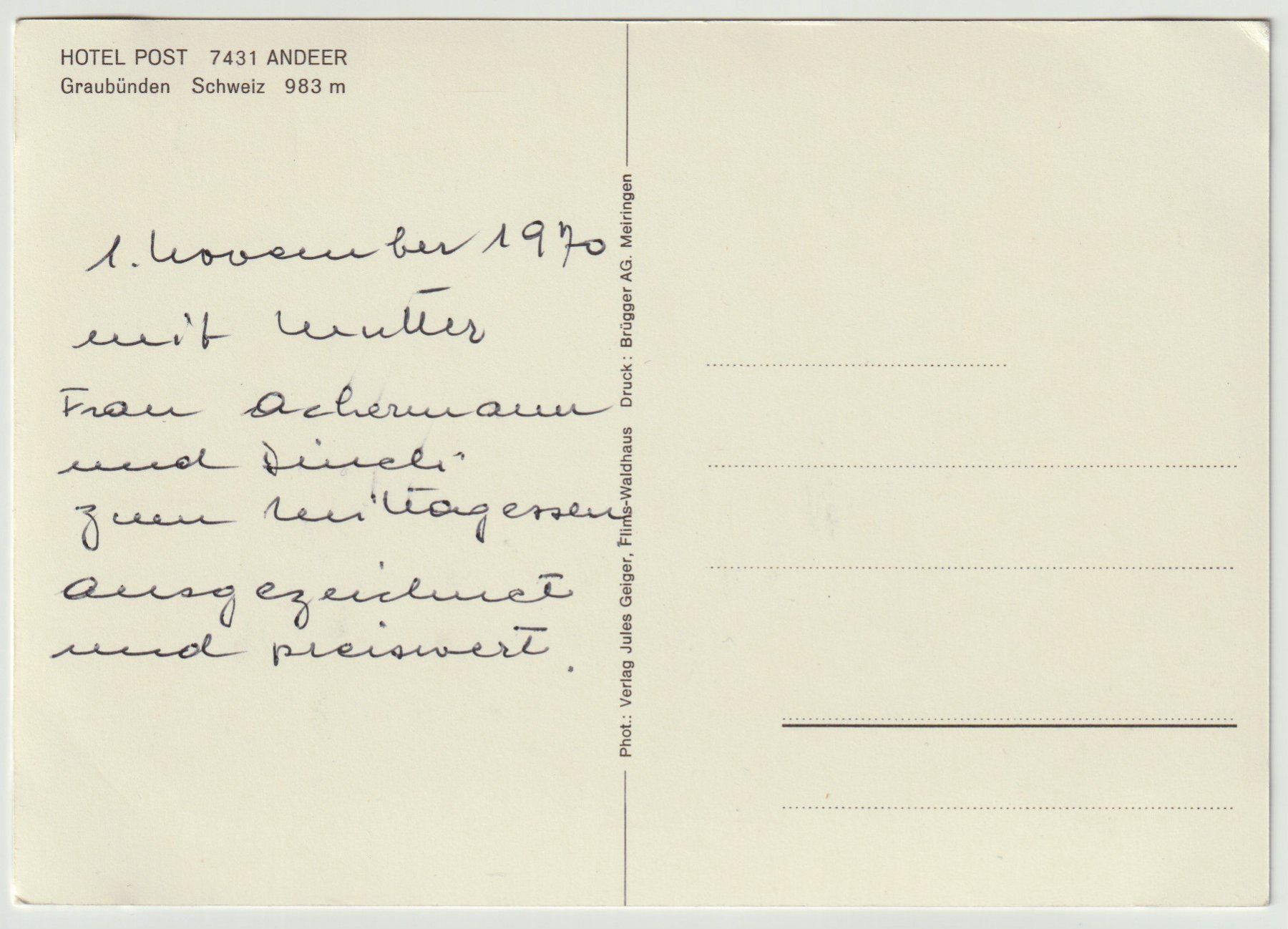 Cartoline postali: Hotel Post, Andeer, Viamala, VW Käfer – Usato da Bedigliora venduto da positano 1