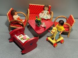 Vintage Rattan Möbelset viel Zubehör; ARI Puppen 60iger Pst