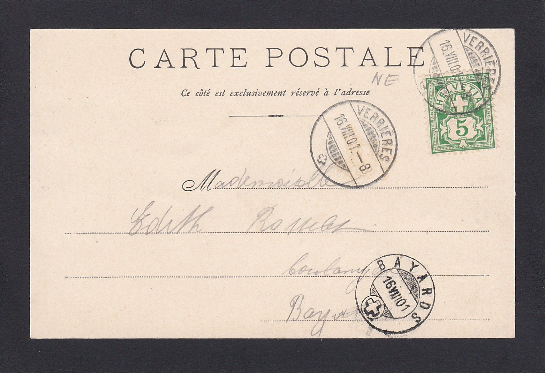 Cartoline postali: VERRIÈRES - Institut Lambelet, 1901 – Usato da Reiden venduto da cinfis 1