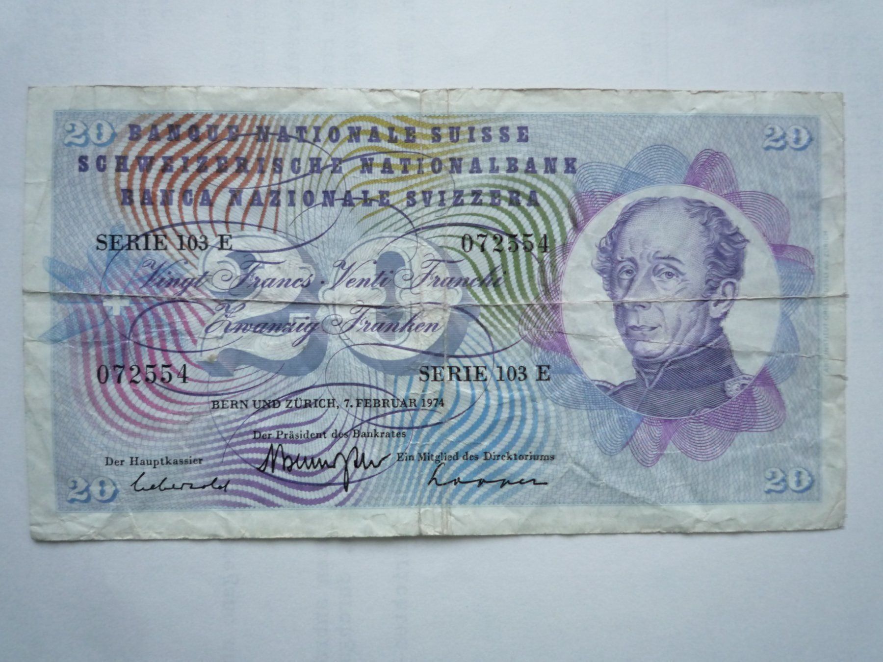 Banconote: 20 Franken Note, 7. Februar 1974 – Usato da Rafz venduto da Sonnenblume305