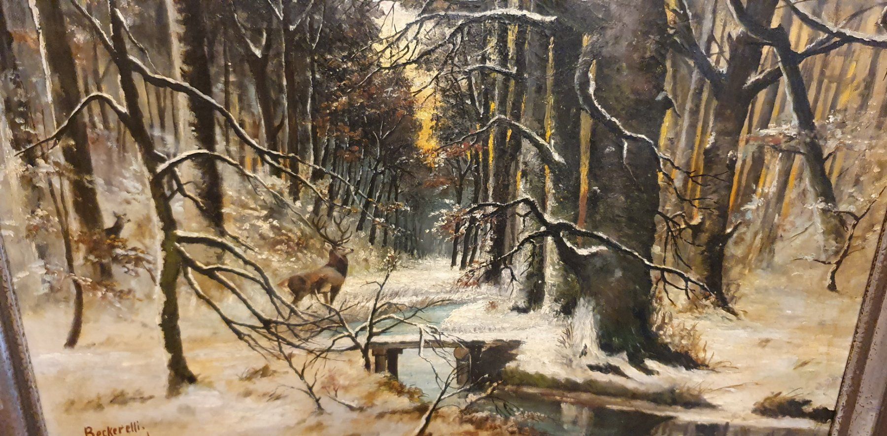 Dipinti: Gemälde -  Jean Beckerelli  "Winterlandschaft mit Hirsch" – Usato da Kreuzlingen venduto da Rschweiz1 2