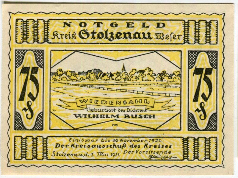 Banknoten: Notgeld "75 Pfennig. Stolzenau 1921" – Gebraucht aus Basel von Butsch5