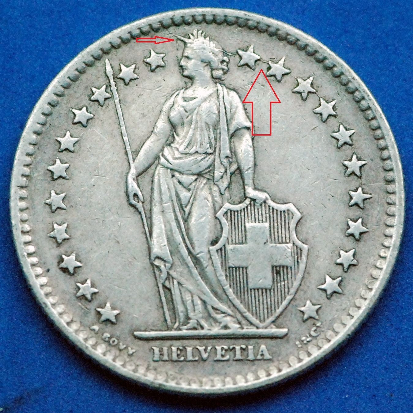 Tutti le monete: Silberner 2.- 1946 / Prägefehler, "Einhorn" – Usato da Mühlethal venduto da sowato 3