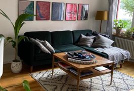 Dark Green Velvet Sofa with Chaise Lounge Section