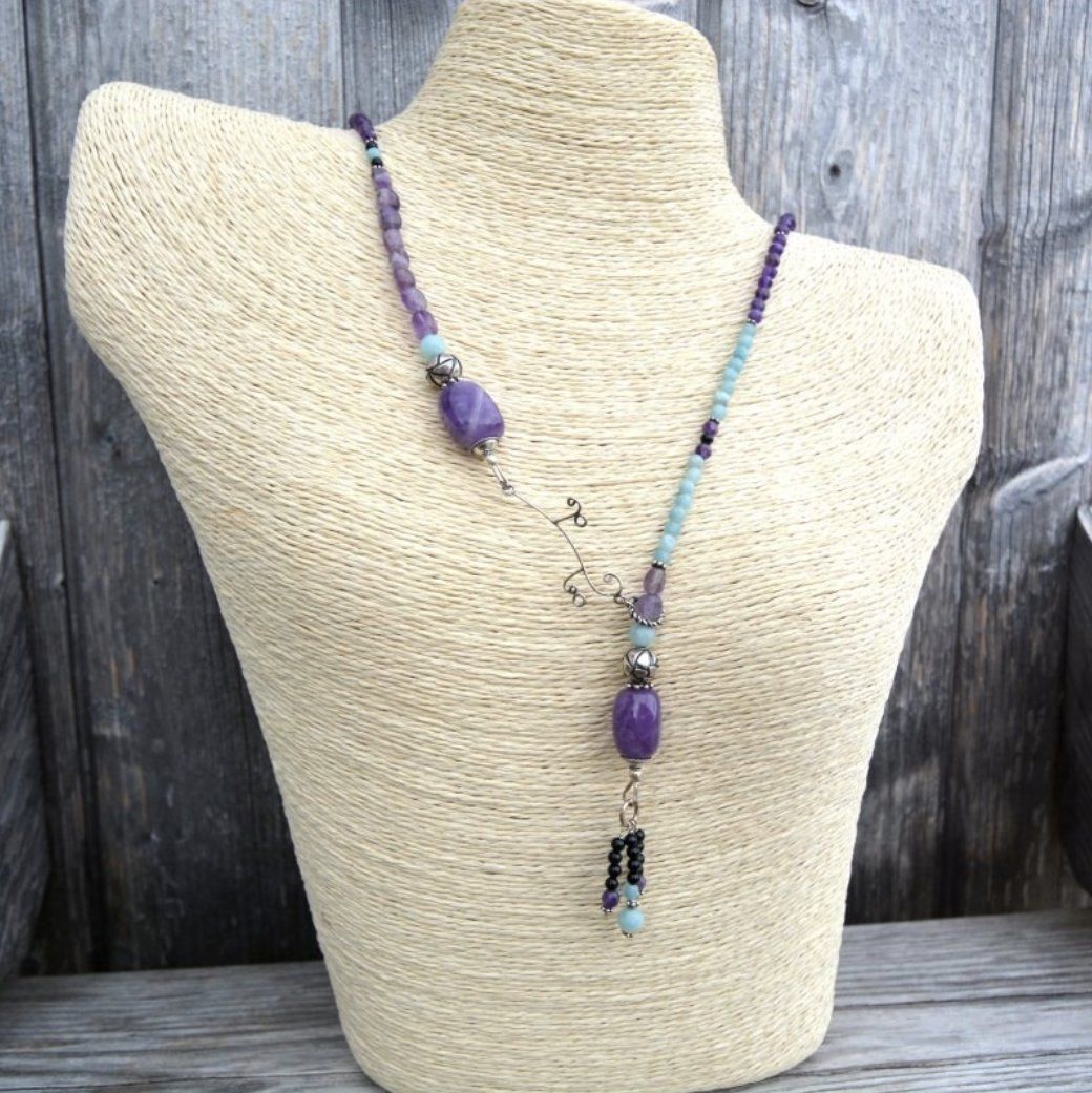 Ketten: Amazonit, Amethyst, Onyx, Silber Halskette, Boho Stil, Neu! – Neu und originalverpackt aus Oberglatt ZH von JulFul