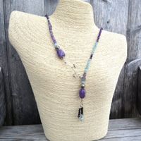 Amazonit, Amethyst, Onyx, Silber Halskette, Boho Stil, Neu!